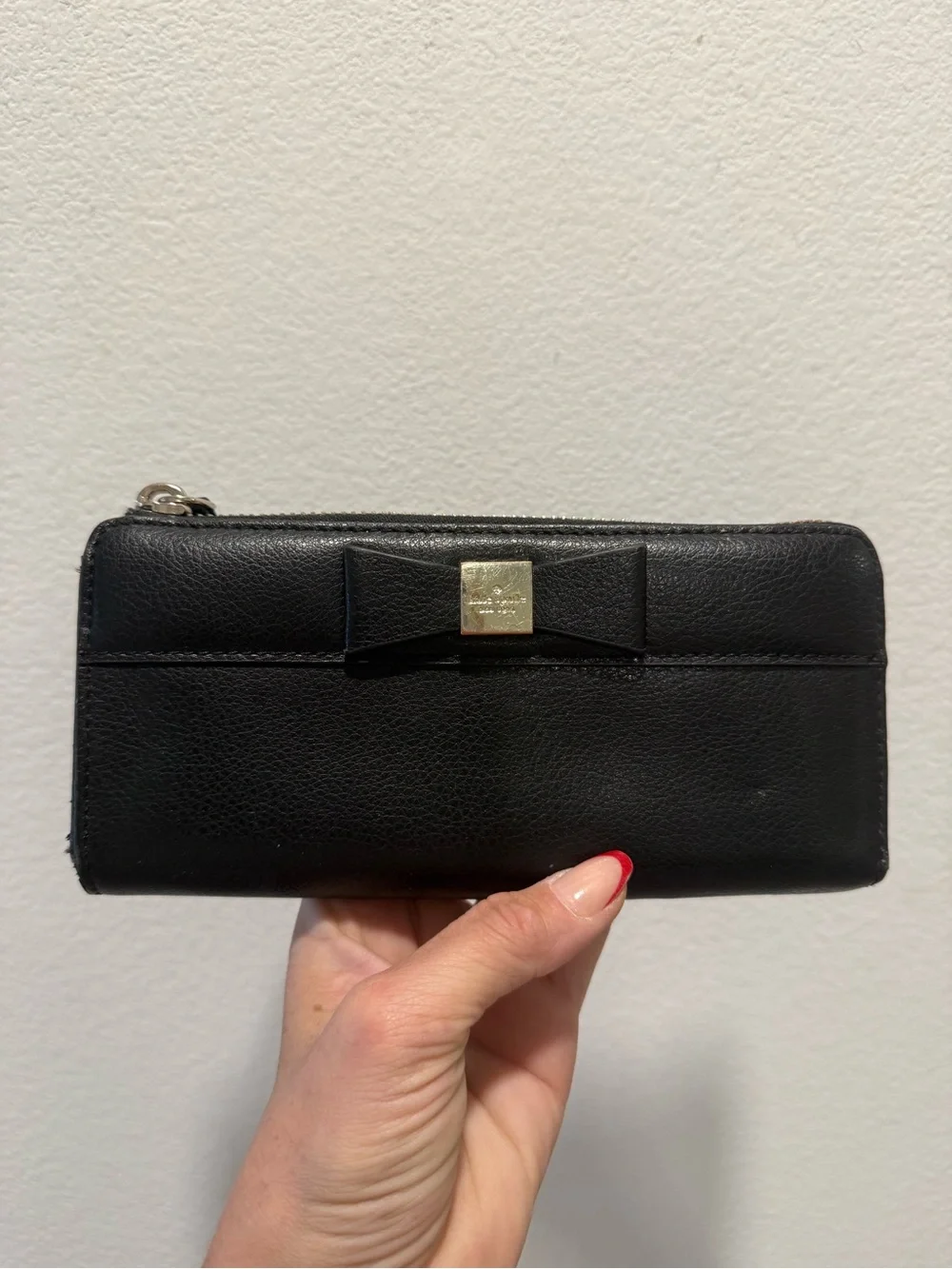 Kate Spade Black Pebbled Leather Bow Zip Around Continental Wallet